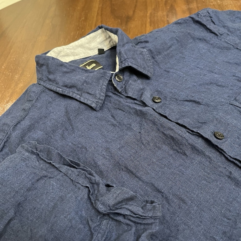 Neiman Marcus Button Down Mens M Blue 100% Linen Coastal Summer Short Sleeve
